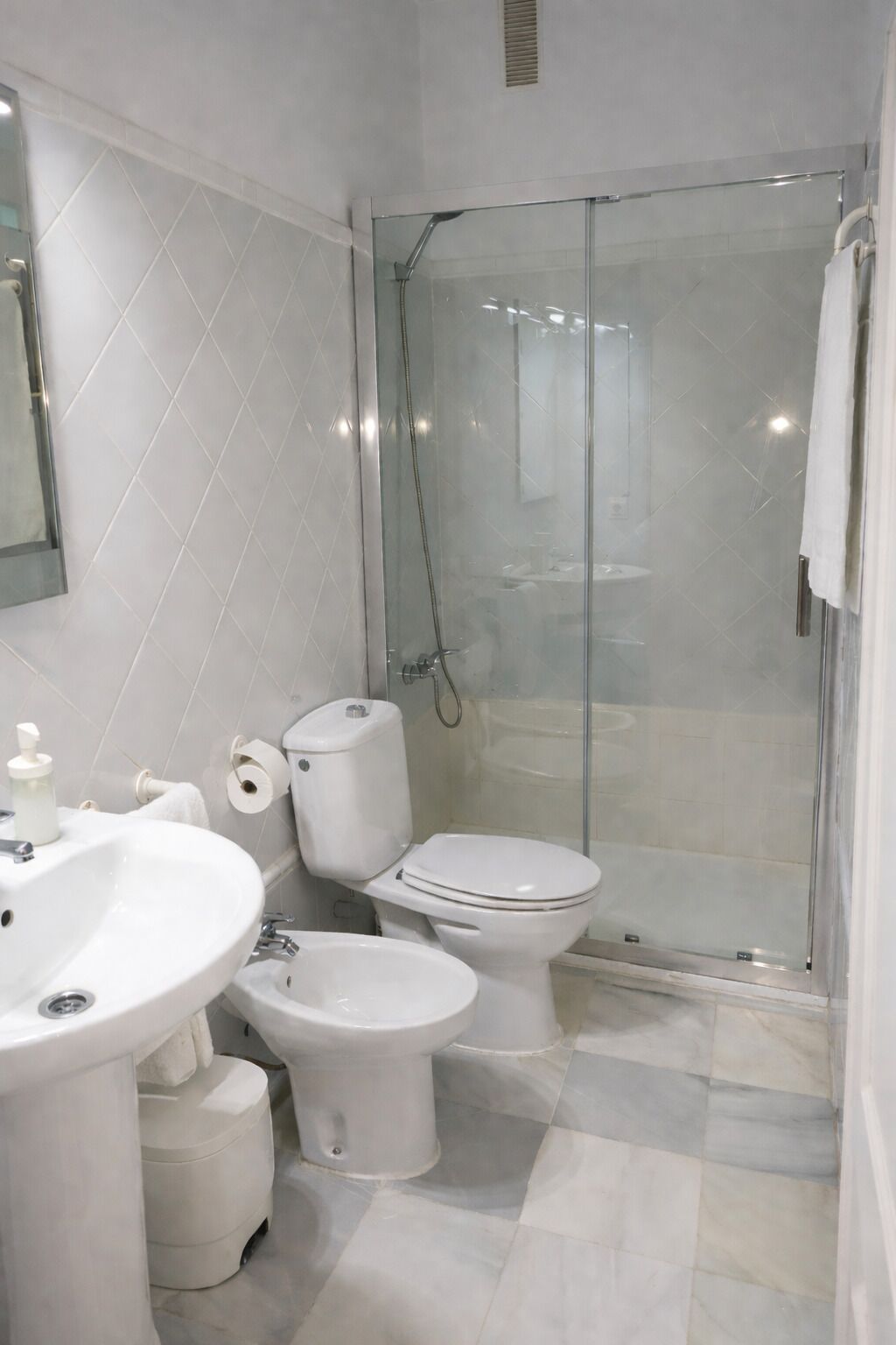 A bathroom with a shower, toilet, bidet, and sink.