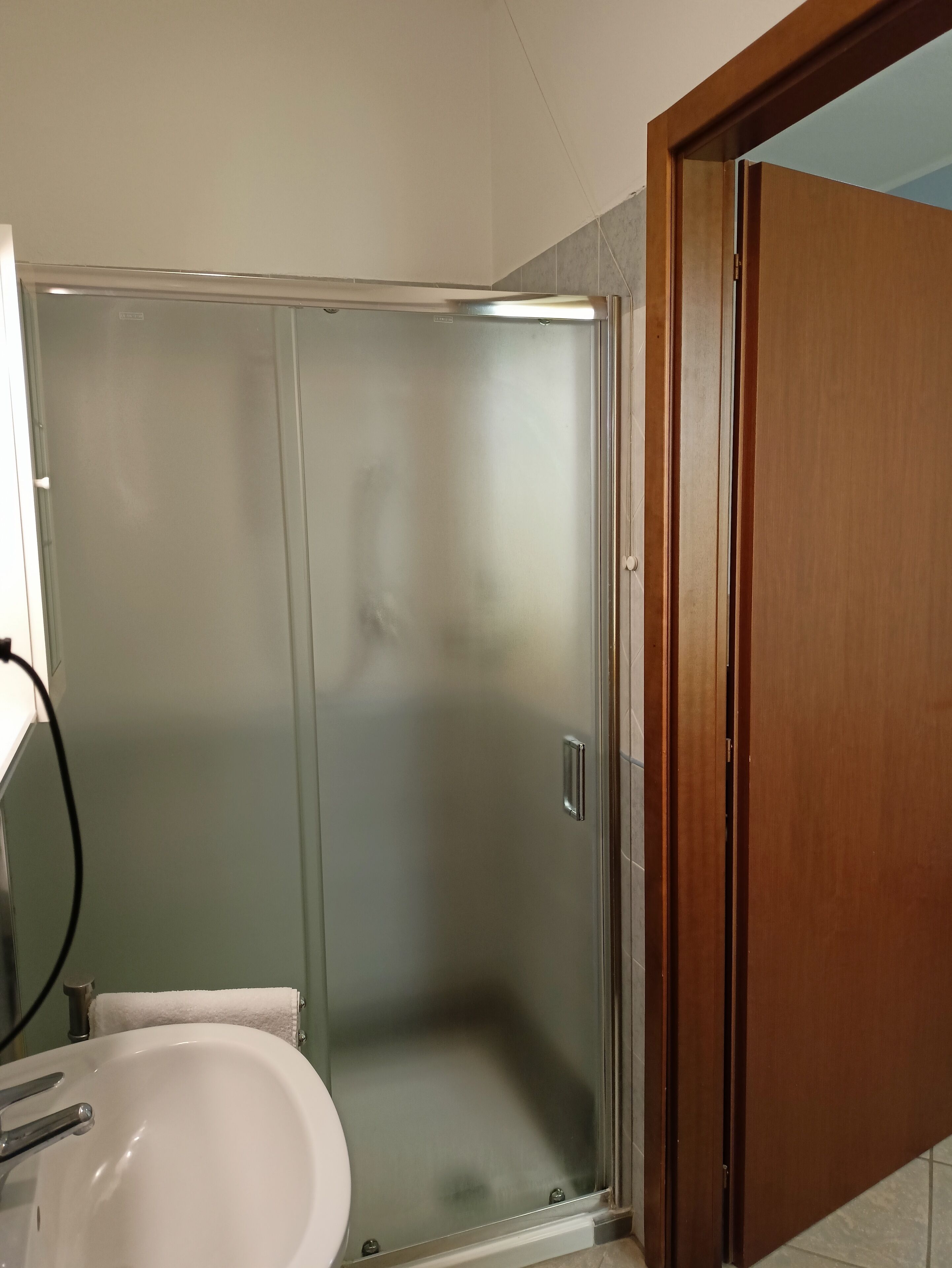 Un baño con cabina de ducha de vidrio, lavamanos blanco y puerta de madera.