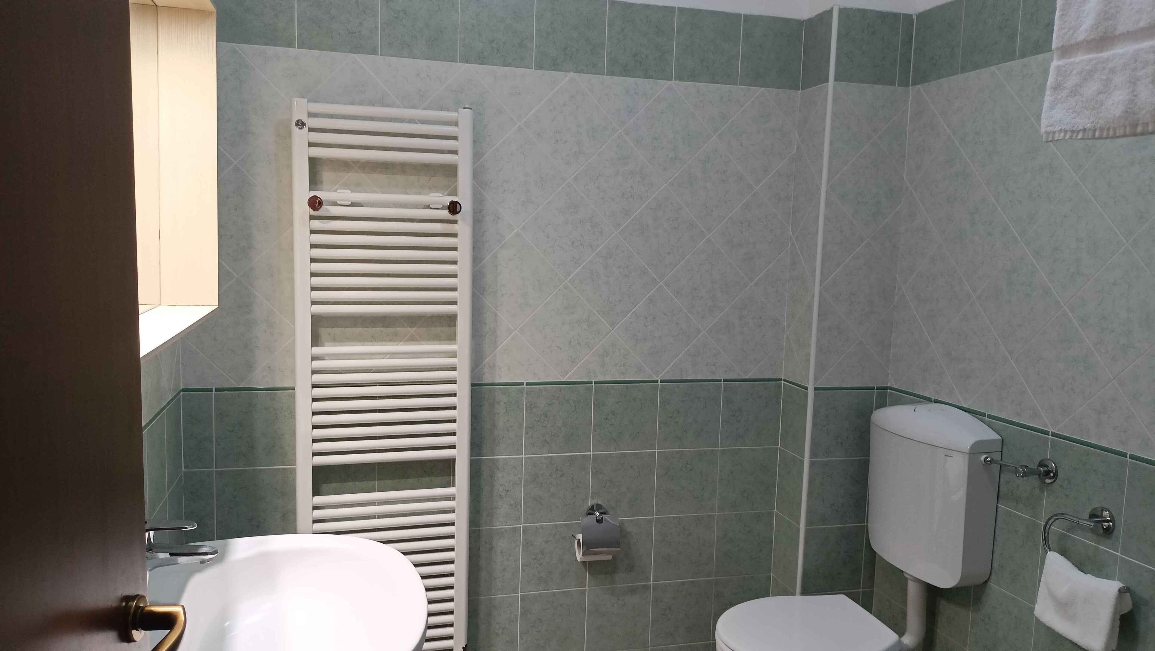 A bathroom with a toilet, sink, towel rack, and a white towel hanging on the wall.