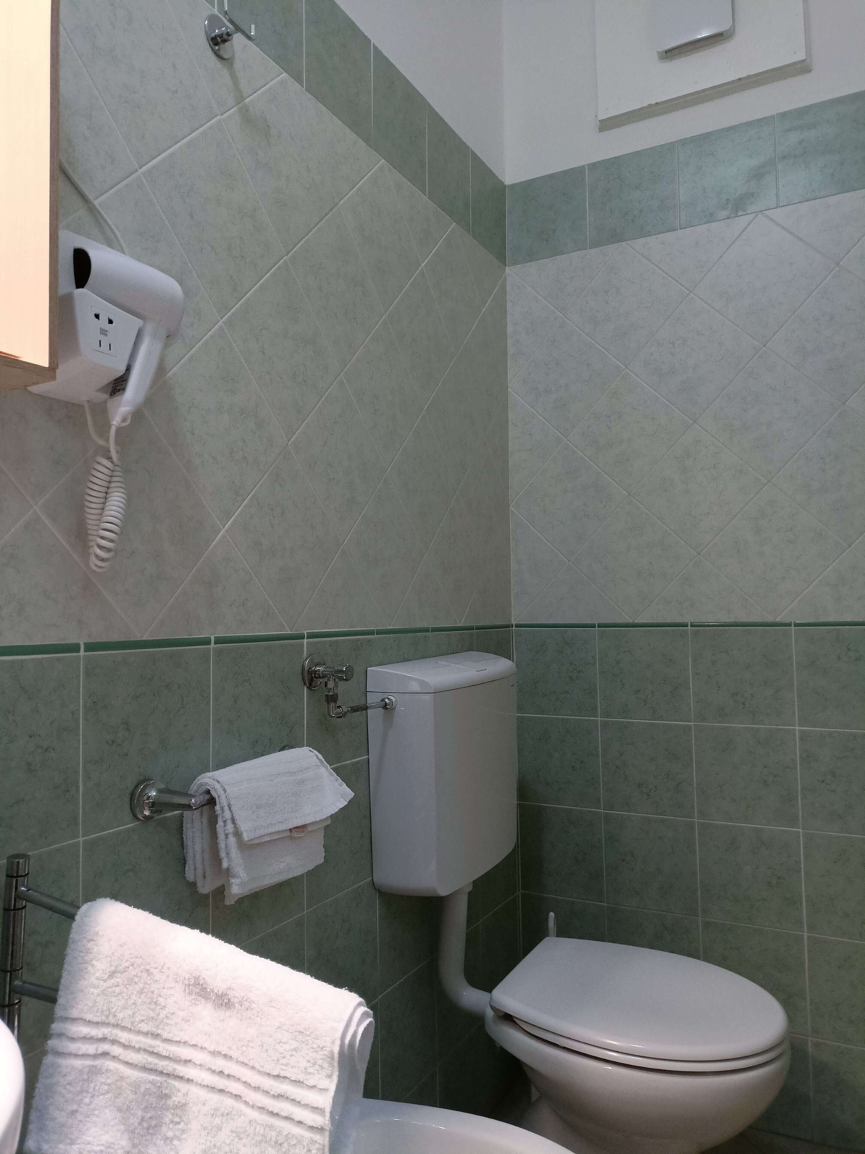 A bathroom with a toilet, a towel rack, and a hairdryer on a wall socket.