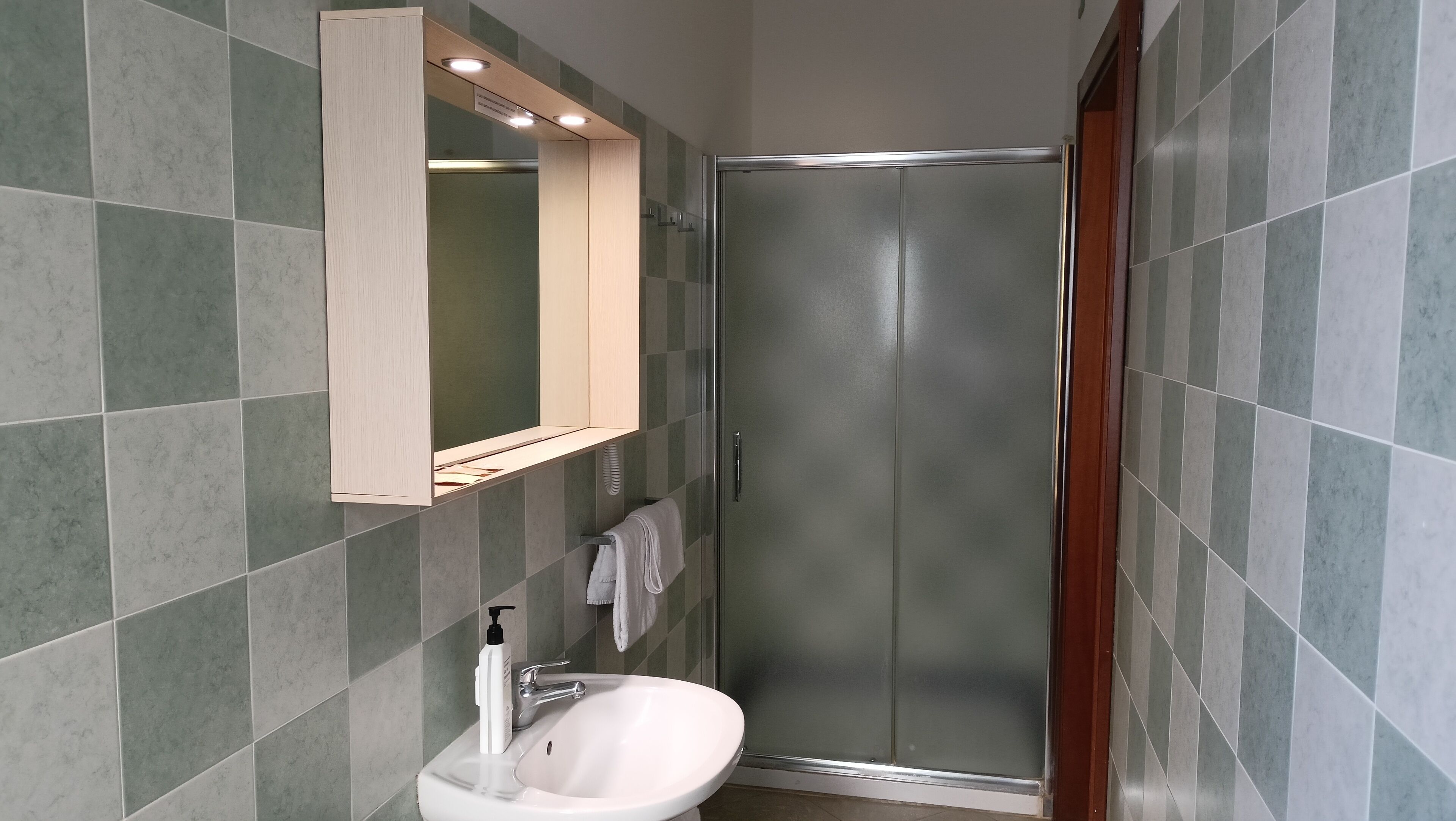 Une salle de bain avec une porte de douche en verre, un lavabo avec un miroir au-dessus et une serviette accrochée au mur.