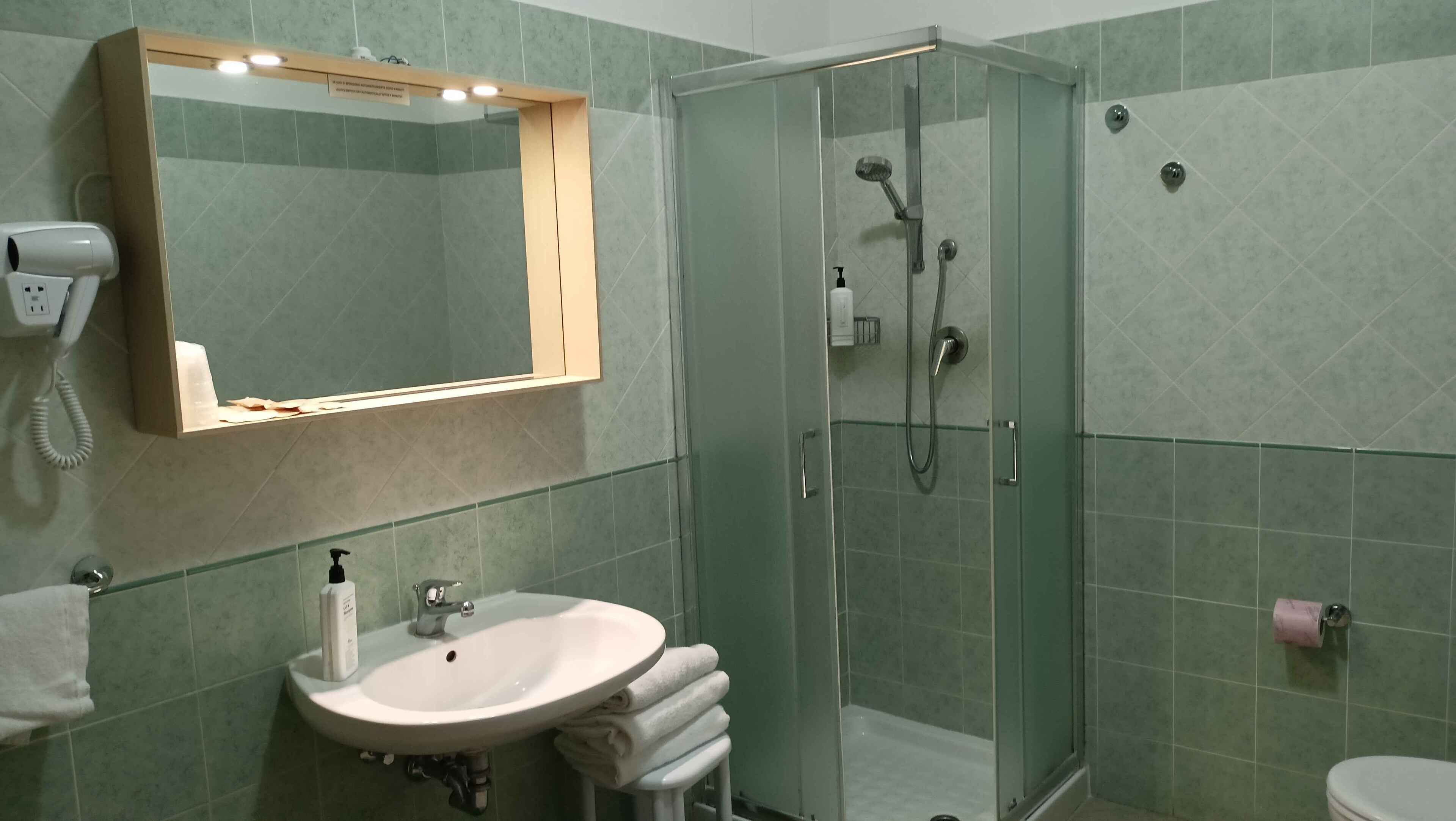 A bathroom with a glass-enclosed shower, a sink with a mirror above it, and a toilet.