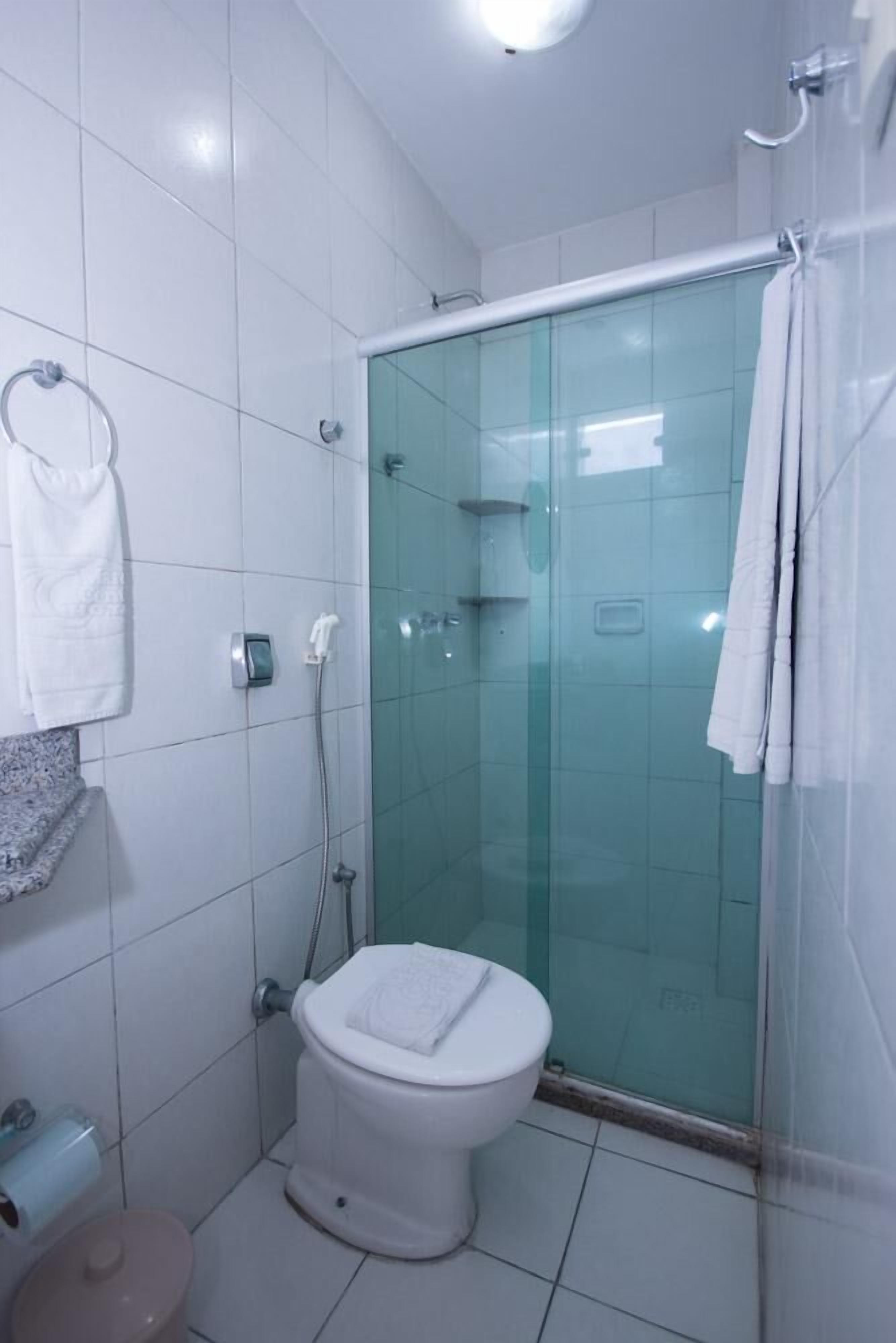 A modern bathroom with a glass-enclosed shower, a toilet, and a sink with a towel rack.