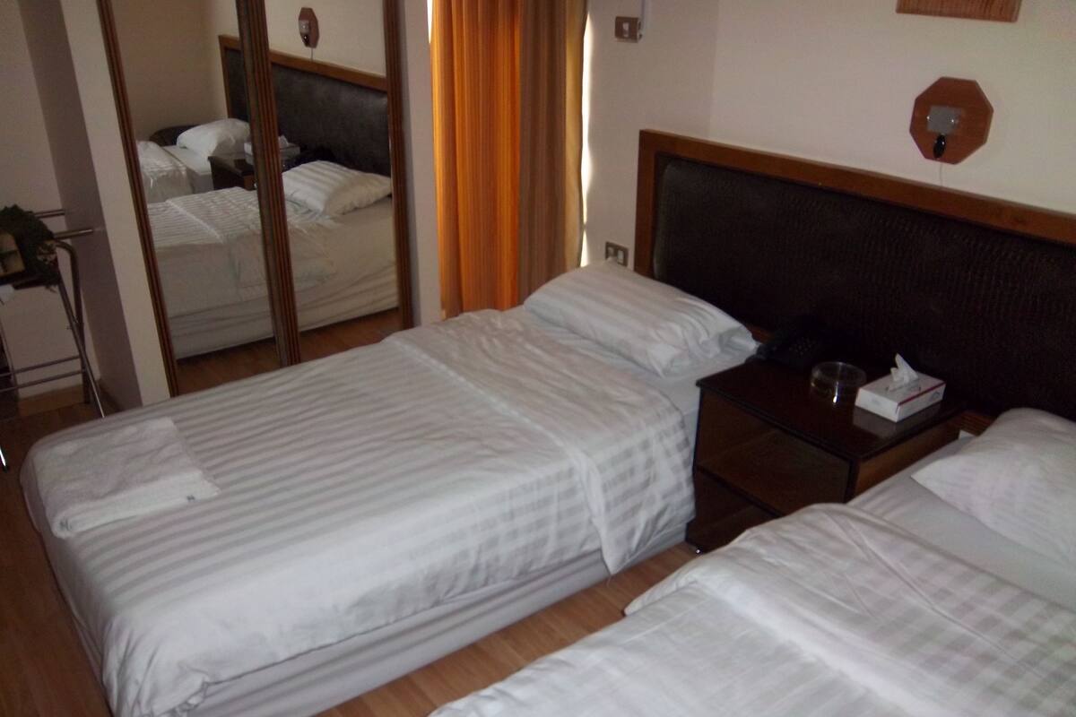 A hotel room with two single beds, a wooden nightstand with a lamp, and a mirror on the wall.