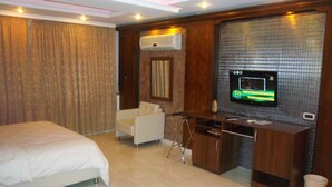 Une chambre d’hôtel avec un lit, un bureau, une chaise, une télévision et un rideau.