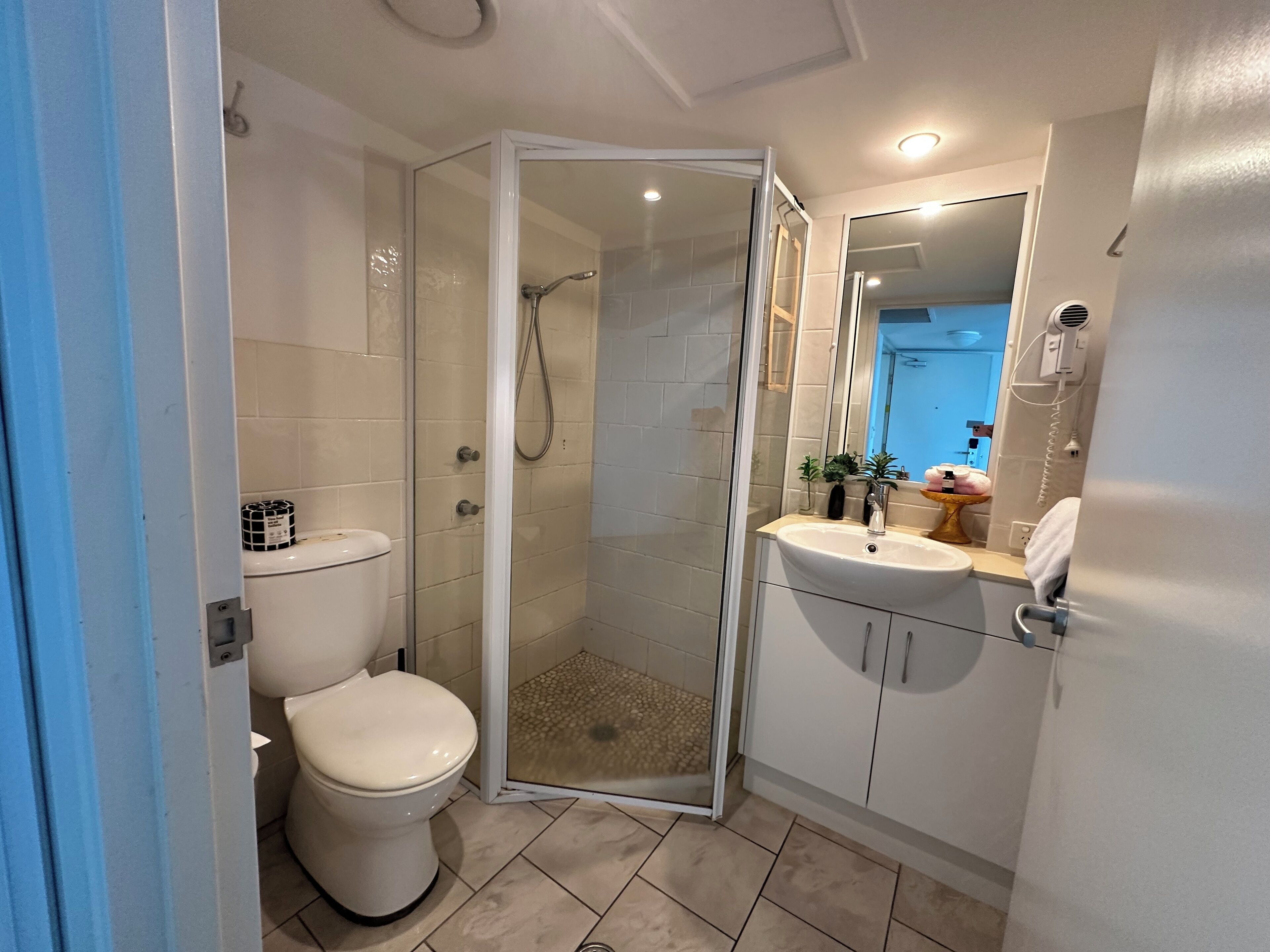 shower, free toiletries, hair dryer, towels