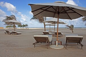 A beach with lounge chairs and umbrellas, a palm tree, and the ocean in the background.