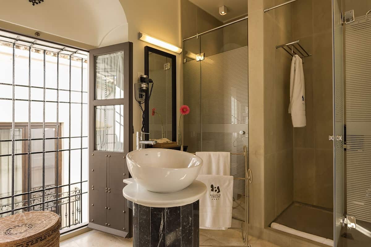 royal suite, 1 queen bed | bathroom | rainfall showerhead, designer toiletries, hair dryer, bathrobes