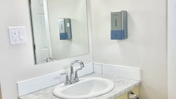 Separate tub and shower, free toiletries, hair dryer, towels