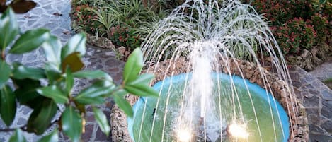 Un jardin avec un bassin circulaire, un sentier en pierre et diverses plantes et fleurs.