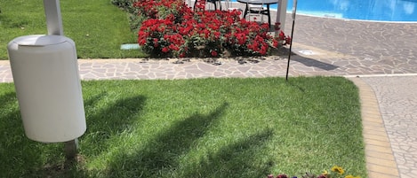 Un área de piscina con un camino de piedra, flores rojas y un espacio de descanso con mesas y sillas.