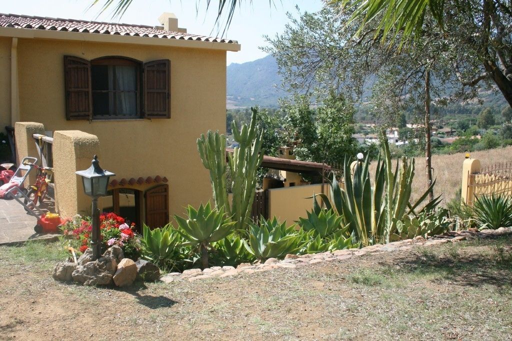 Un edificio amarillo con techo de tejas, contraventanas de madera y un jardín con cactus y flores.