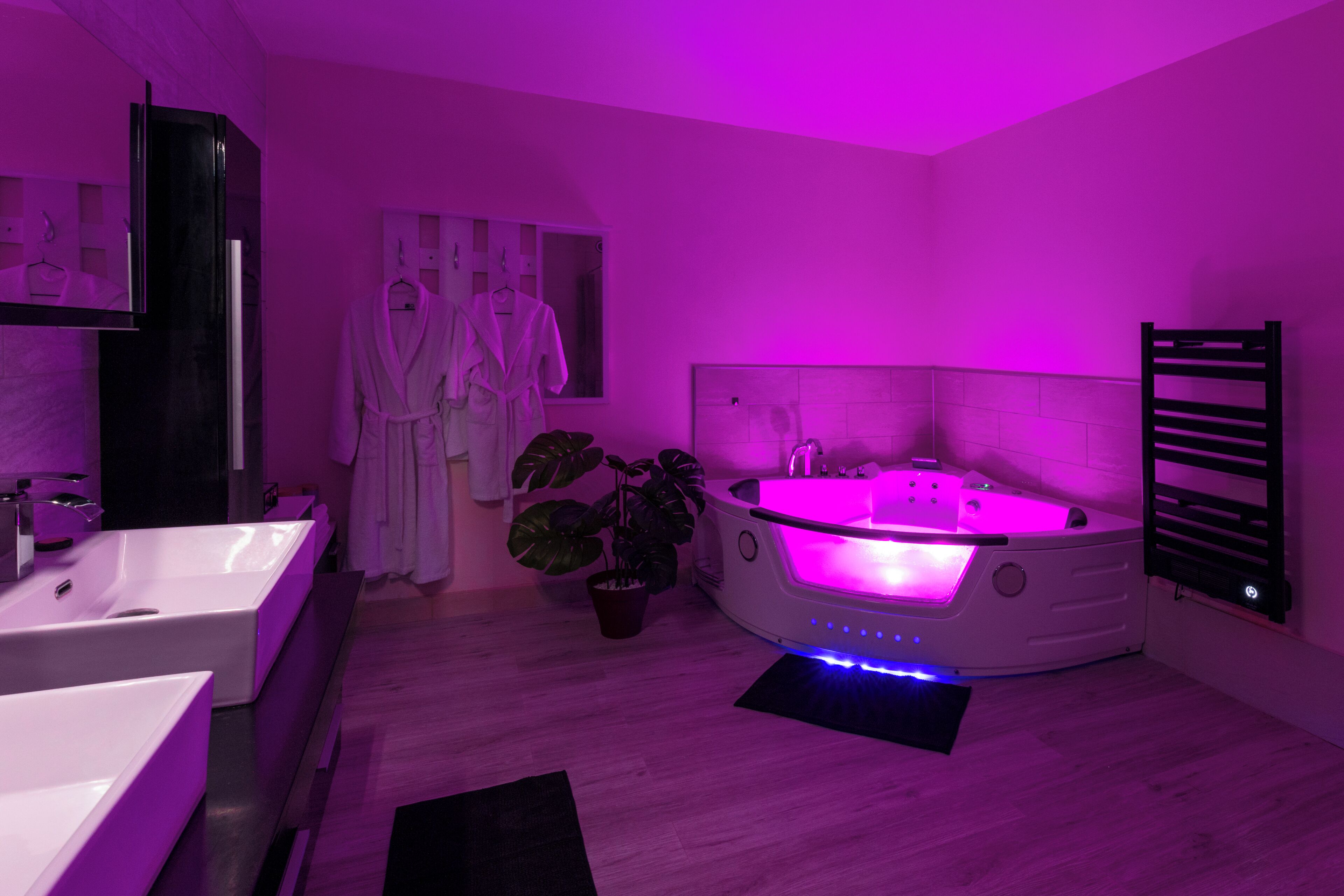 Ein modernes Badezimmer mit Whirlpool, zwei Waschbecken und einer Topfpflanze.