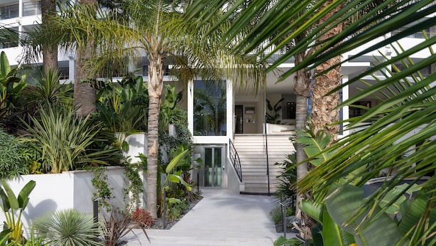 Un edificio moderno con una escalera central, rodeado de exuberante vegetación tropical y fachada blanca.