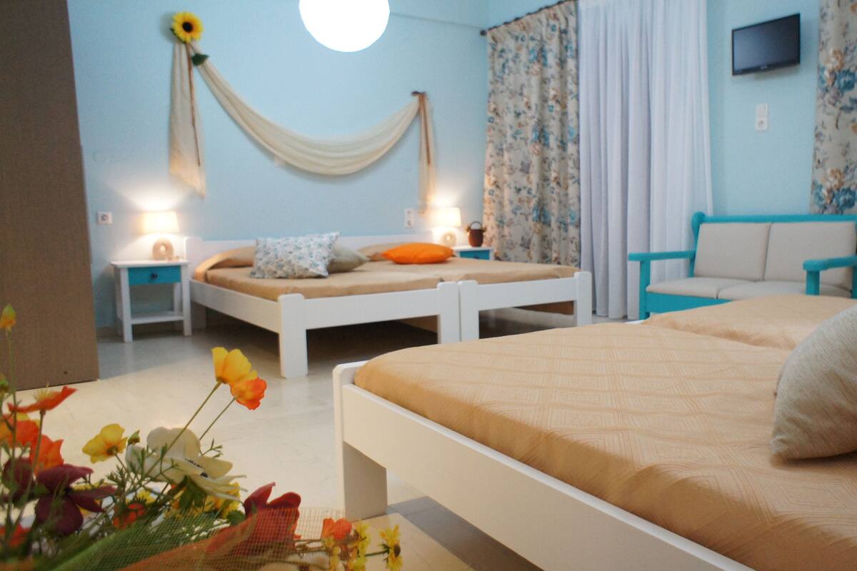 A bedroom with two beds, a TV, and a floral curtain.