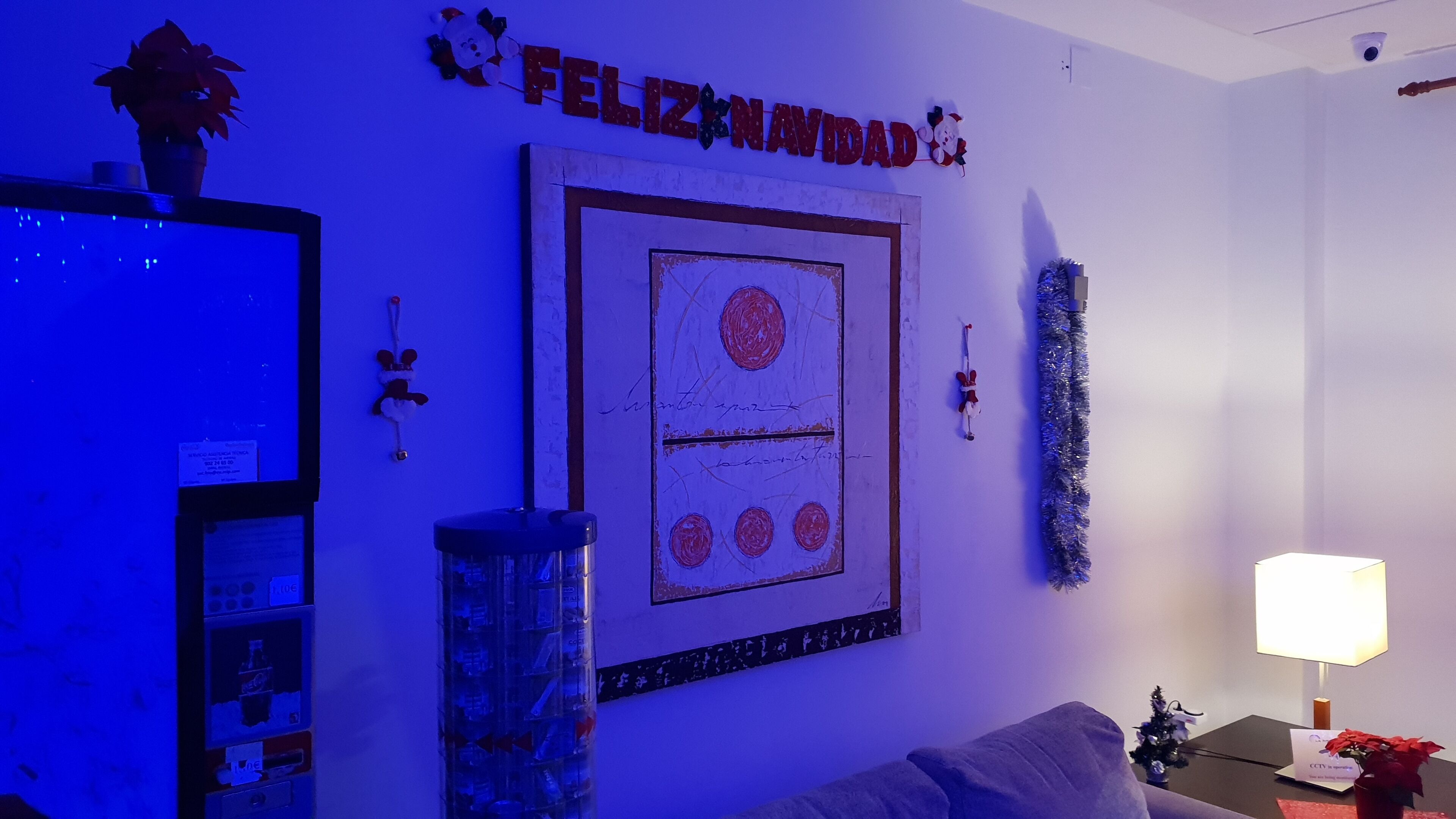 A room with a wall decorated with a 'FELIZ NAVIDAD' sign, a framed artwork, and a small Christmas tree.