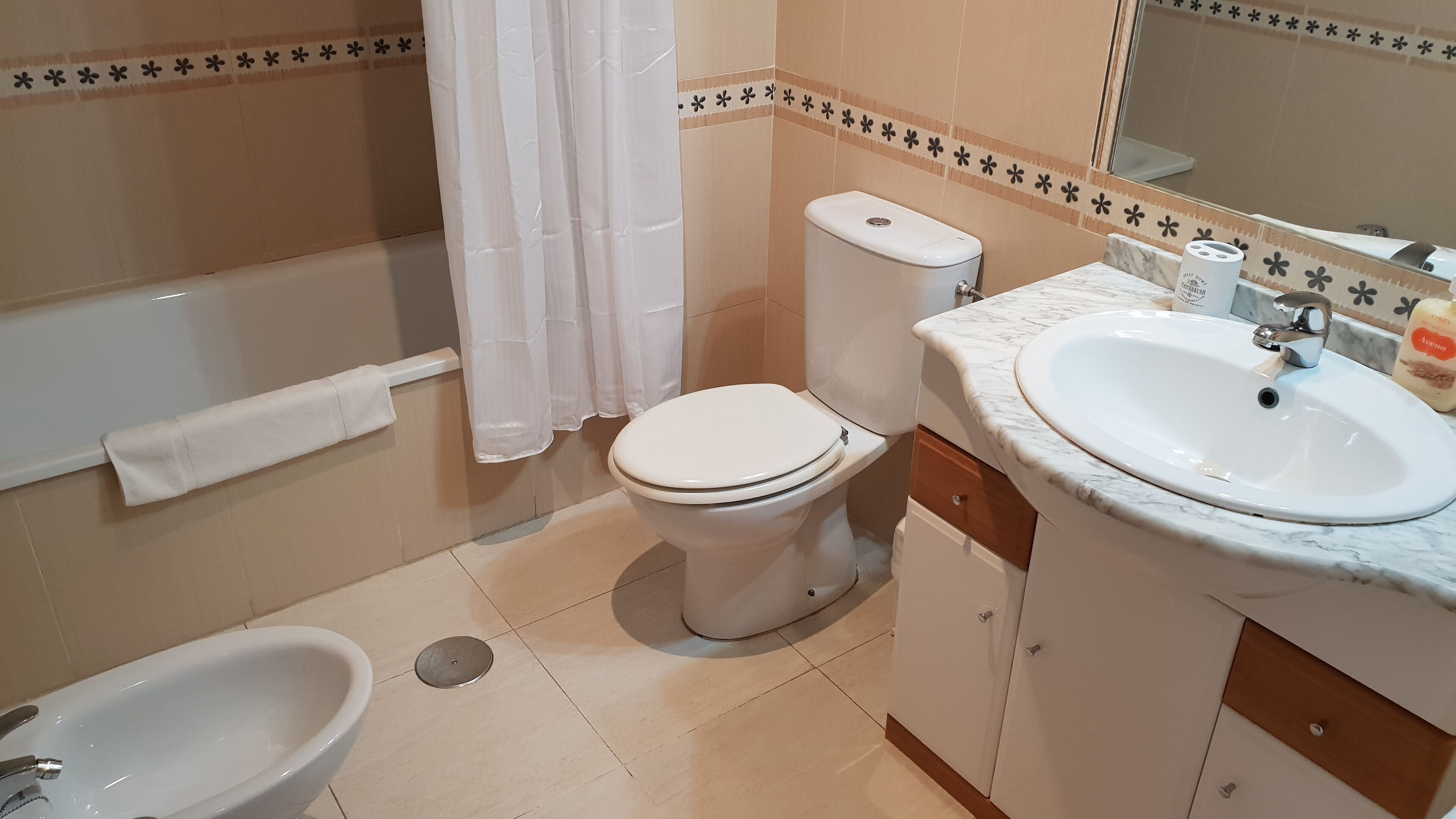 combined shower/bathtub, hair dryer, bidet, towels