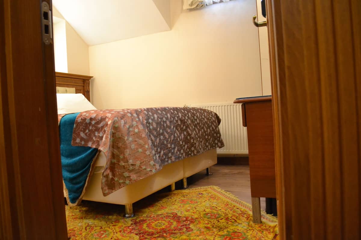 A bedroom with a bed, a radiator, and a wooden door.