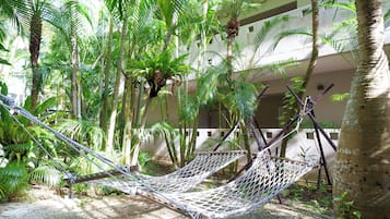 Una hamaca en un jardín exuberante con palmeras y un edificio al fondo.