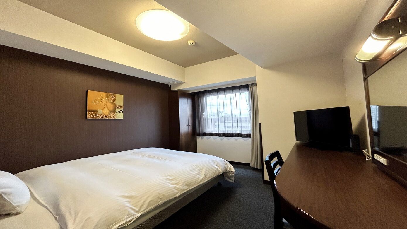 A hotel room with a bed, a desk, a television, and a window with curtains.