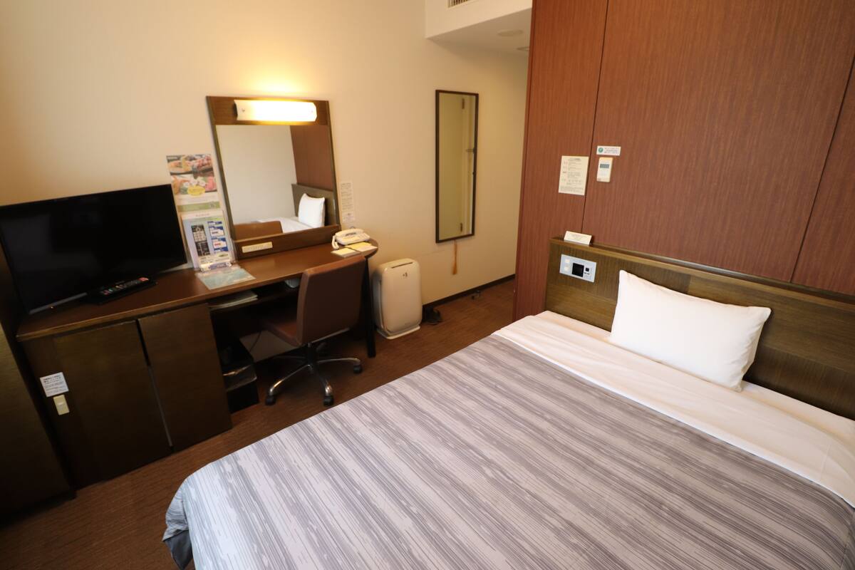 A hotel room with a bed, a desk with a computer, a television, and a mirror.