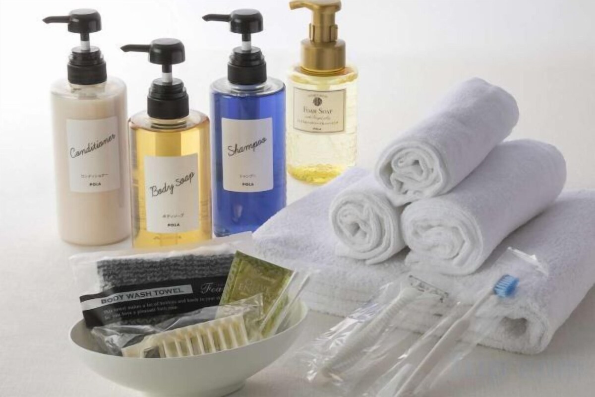 Combined shower/tub, free toiletries, hair dryer, slippers