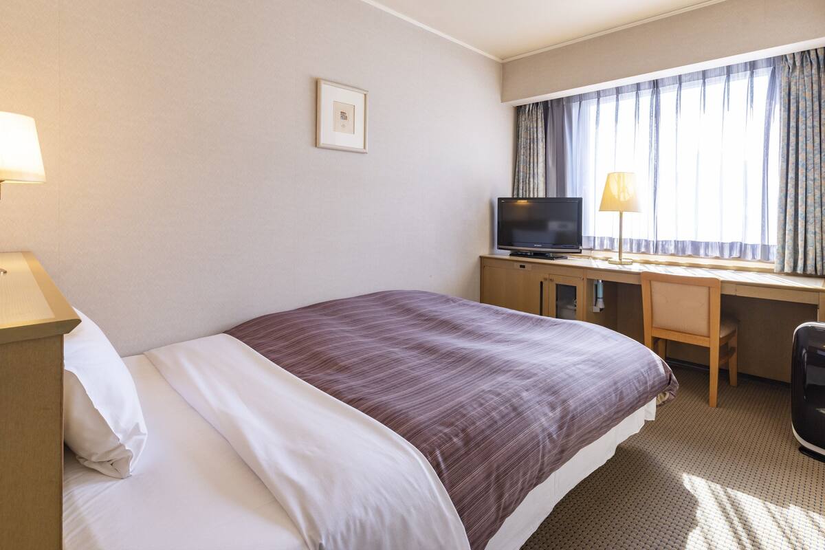 Una habitación de hotel con cama, escritorio con televisor, silla y ventana con cortinas.