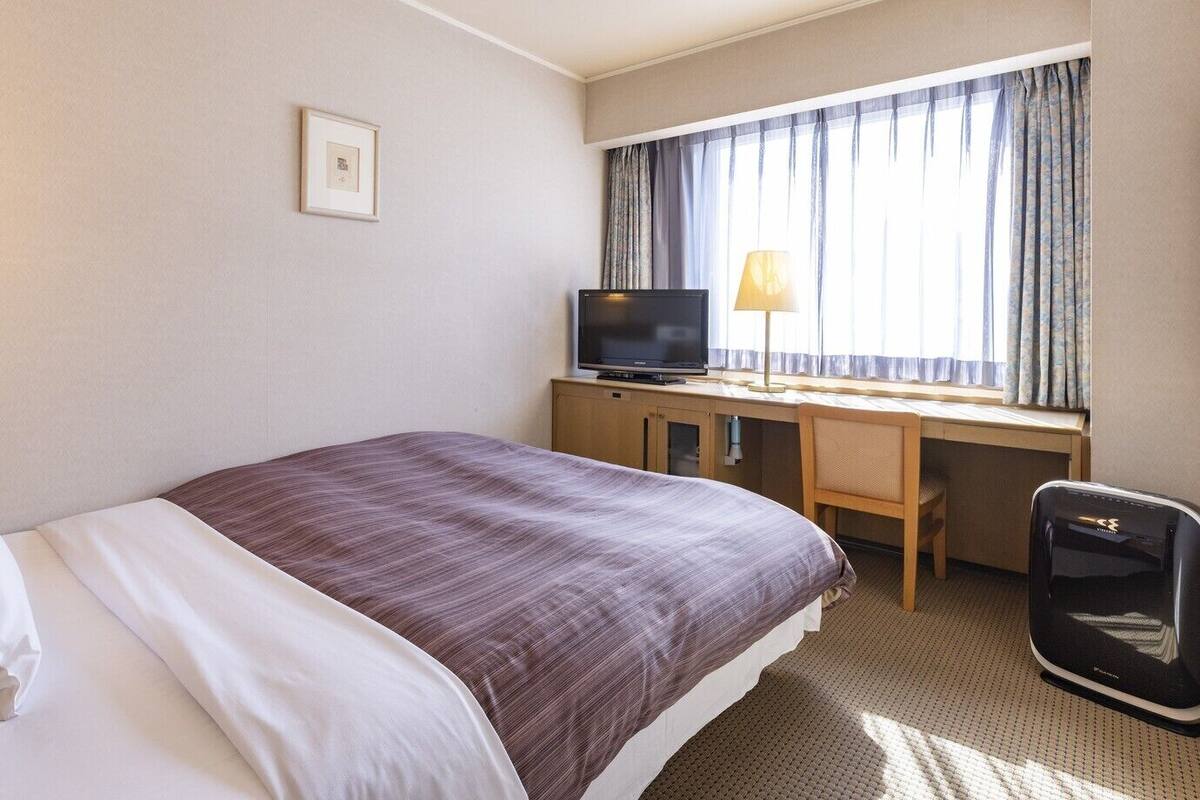 Una habitación de hotel con una cama, un escritorio con televisor, una silla y una ventana con cortinas.