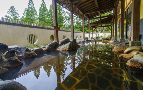 A traditional Japanese onsen with a wooden pavilion, stone bath, and a stone wall with circular cutouts.
