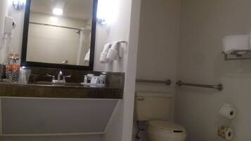 A bathroom with a sink, mirror, toilet, and handrails.