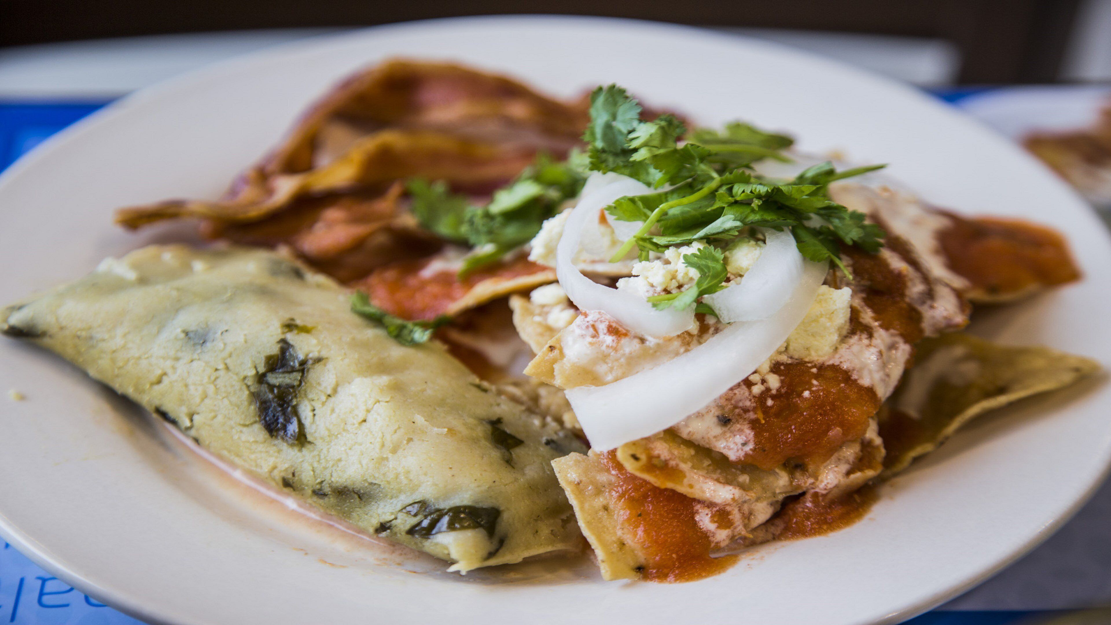 A plate with a rolled omelette and a dish with meat, onions, and a dollop of cream, garnished with herbs.