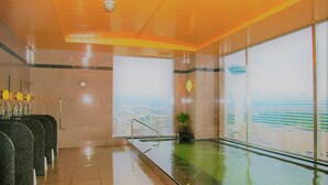 A swimming pool with a glass barrier, a potted plant, and a view of the sea.