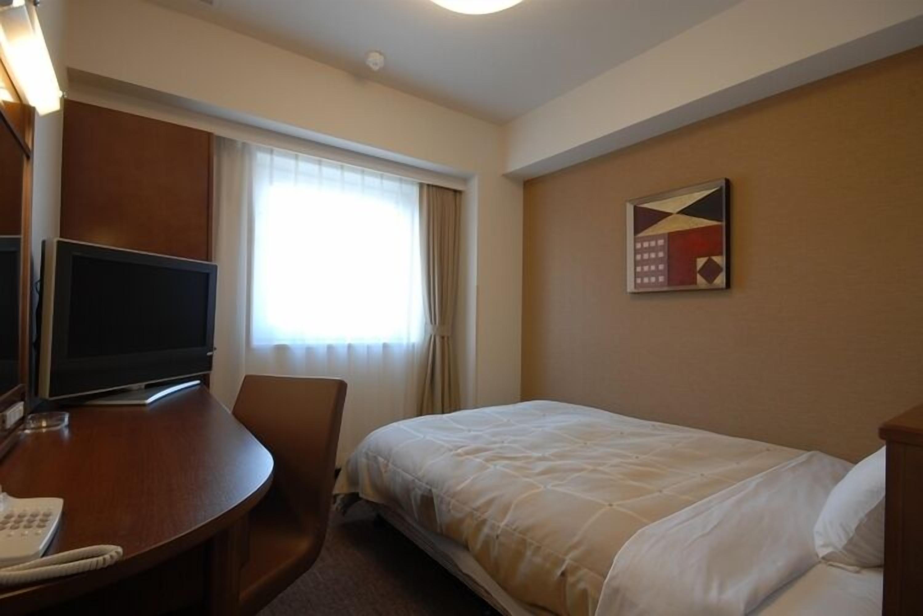 A hotel room with a bed, a desk with a television, a chair, and a painting on the wall.