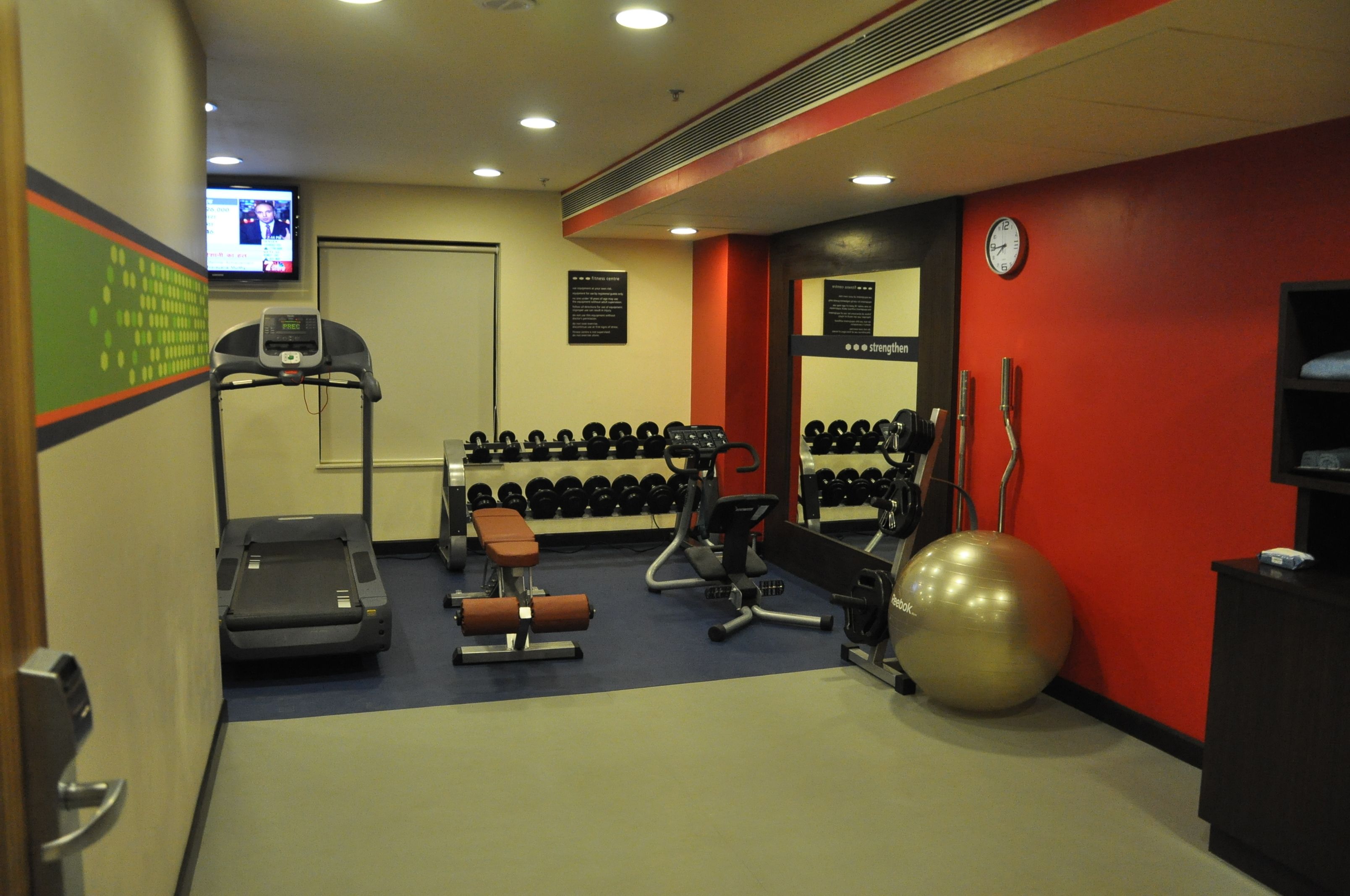 A gym with treadmills, dumbbells, a bench, and an exercise ball.