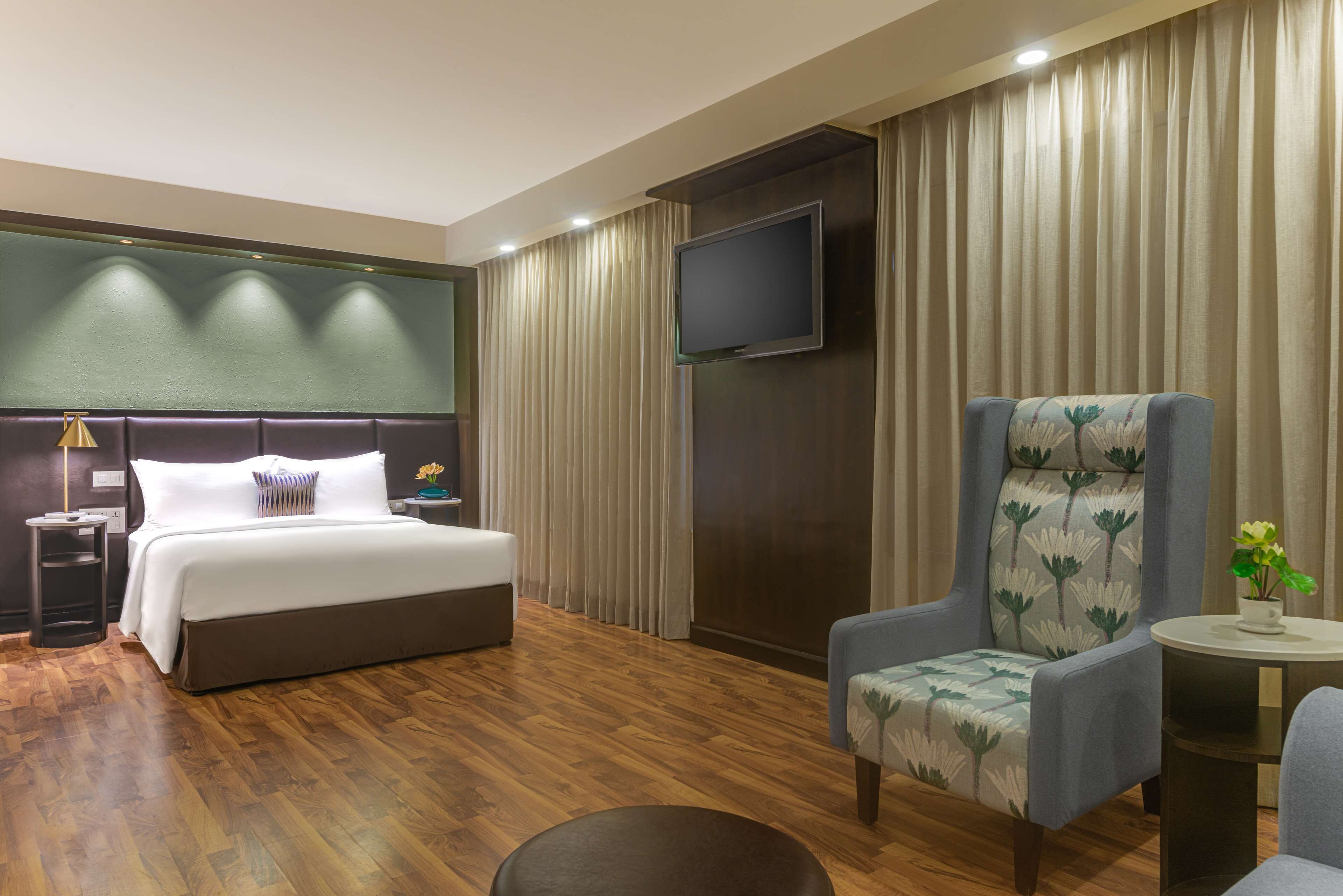 A hotel room with a bed, a chair, a TV, and a small table with a plant.