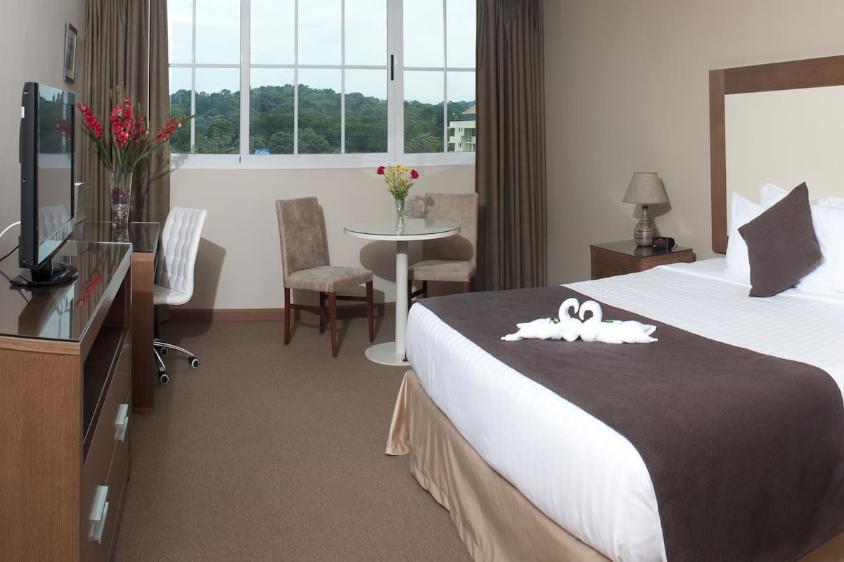 A hotel room with a large bed, a desk with a chair, a small table with a vase of flowers, and a view of the outdoors through a window.