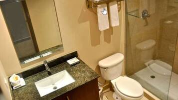 Un baño con lavamanos, espejo, inodoro y ducha con mampara de vidrio.