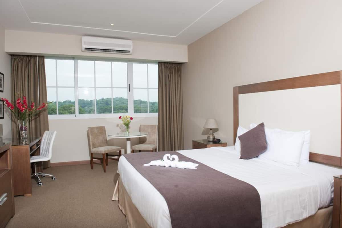 A hotel room with a large bed, a desk with a chair, a small table with a vase of flowers, and a view of greenery through the window.