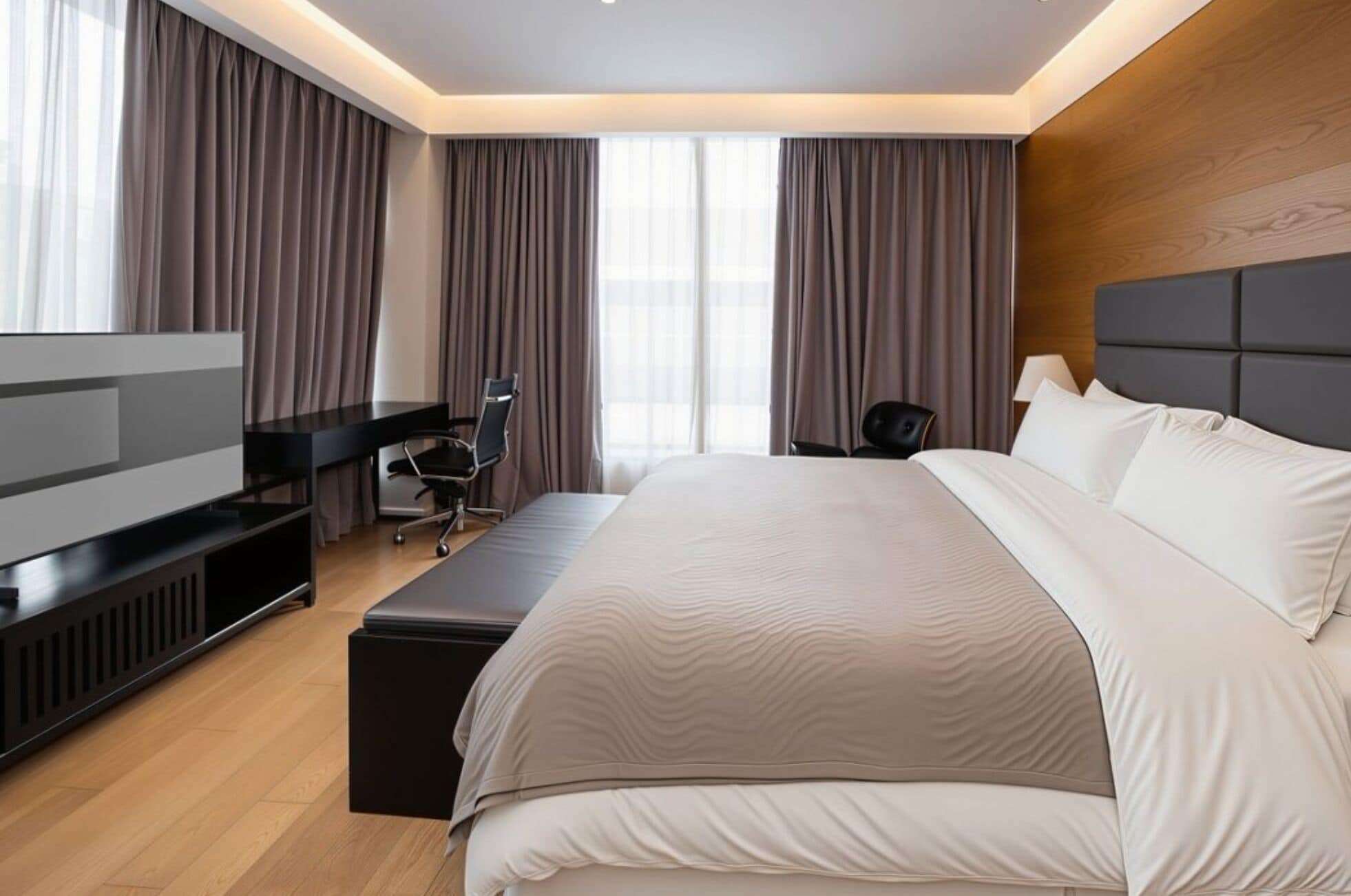 Una habitación de hotel moderna con una cama grande, un escritorio, una silla y un televisor.