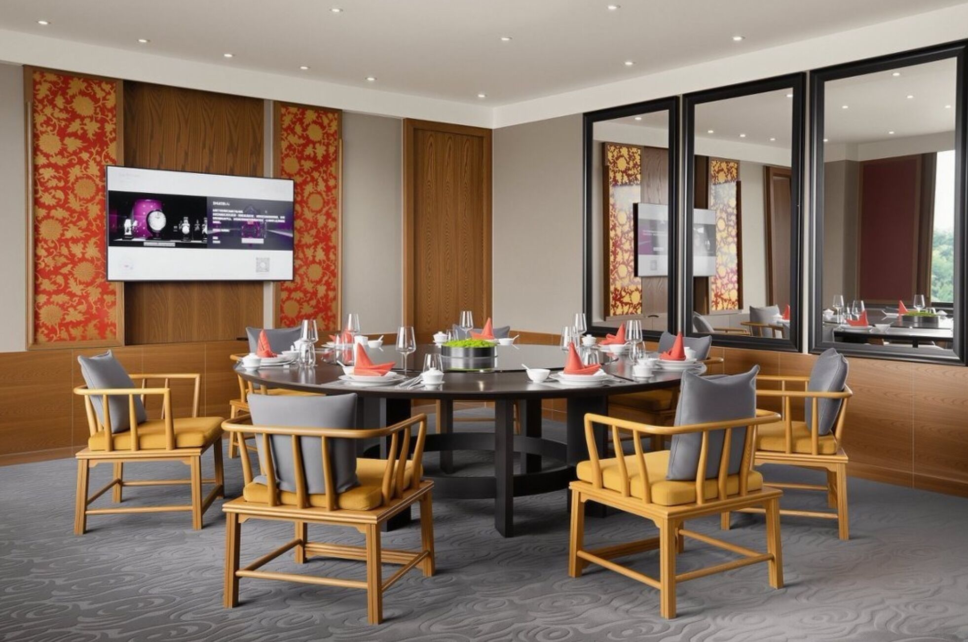 A conference room with a round table, wooden chairs, and a television screen.