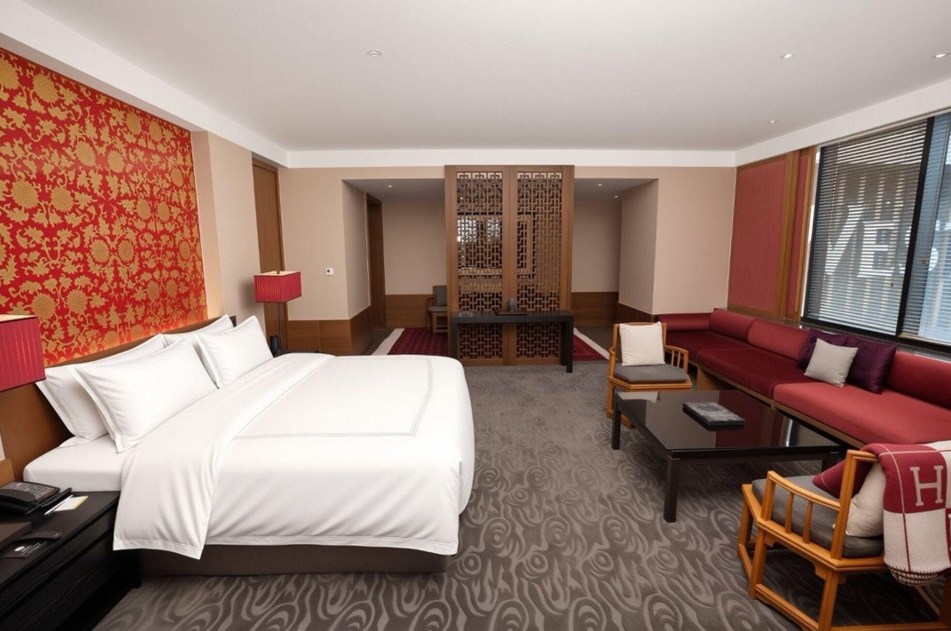 A hotel room with a bed, a sofa, a desk, and a decorative screen.