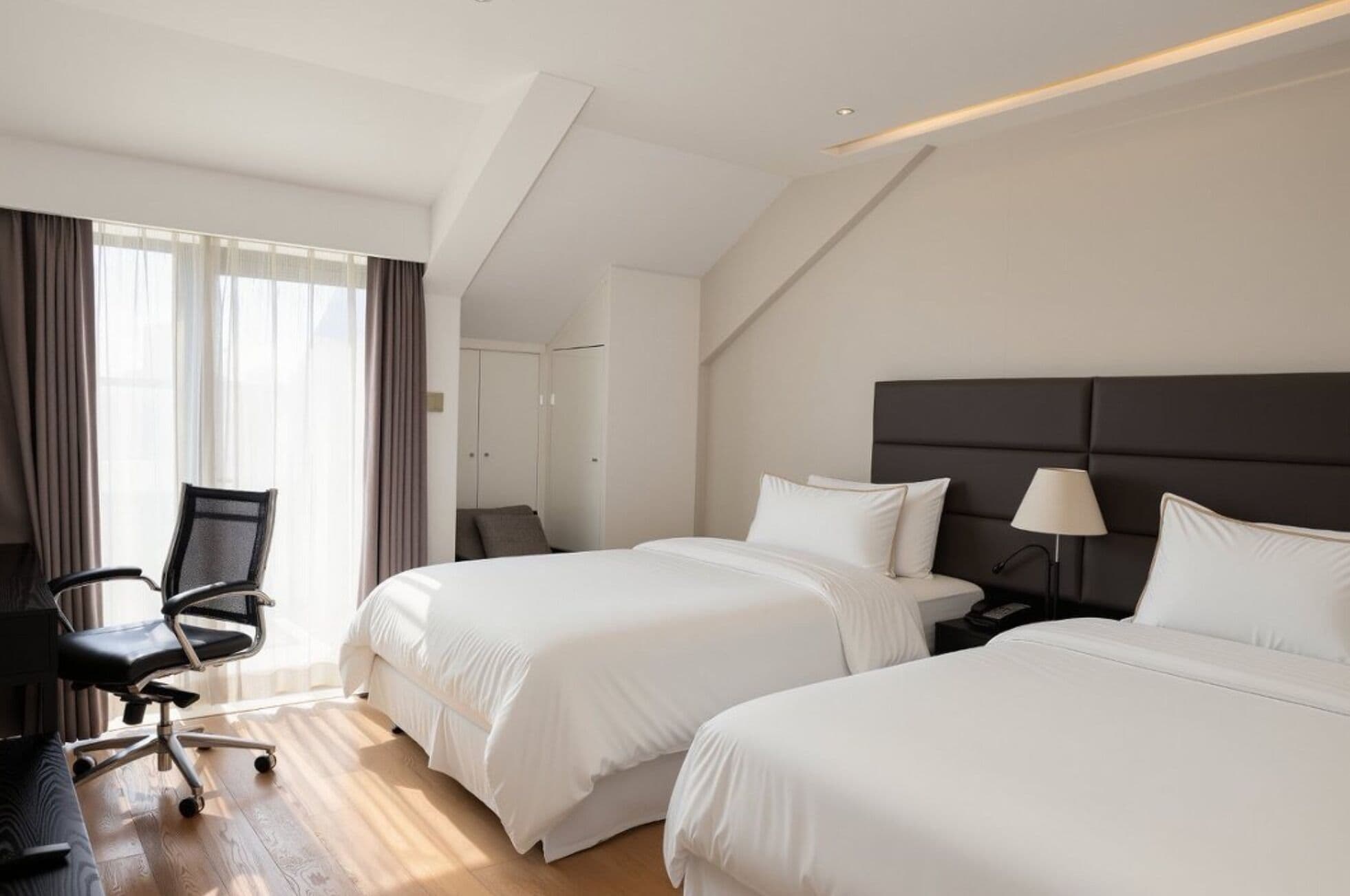 Una habitación de hotel con dos camas, un escritorio y una silla.
