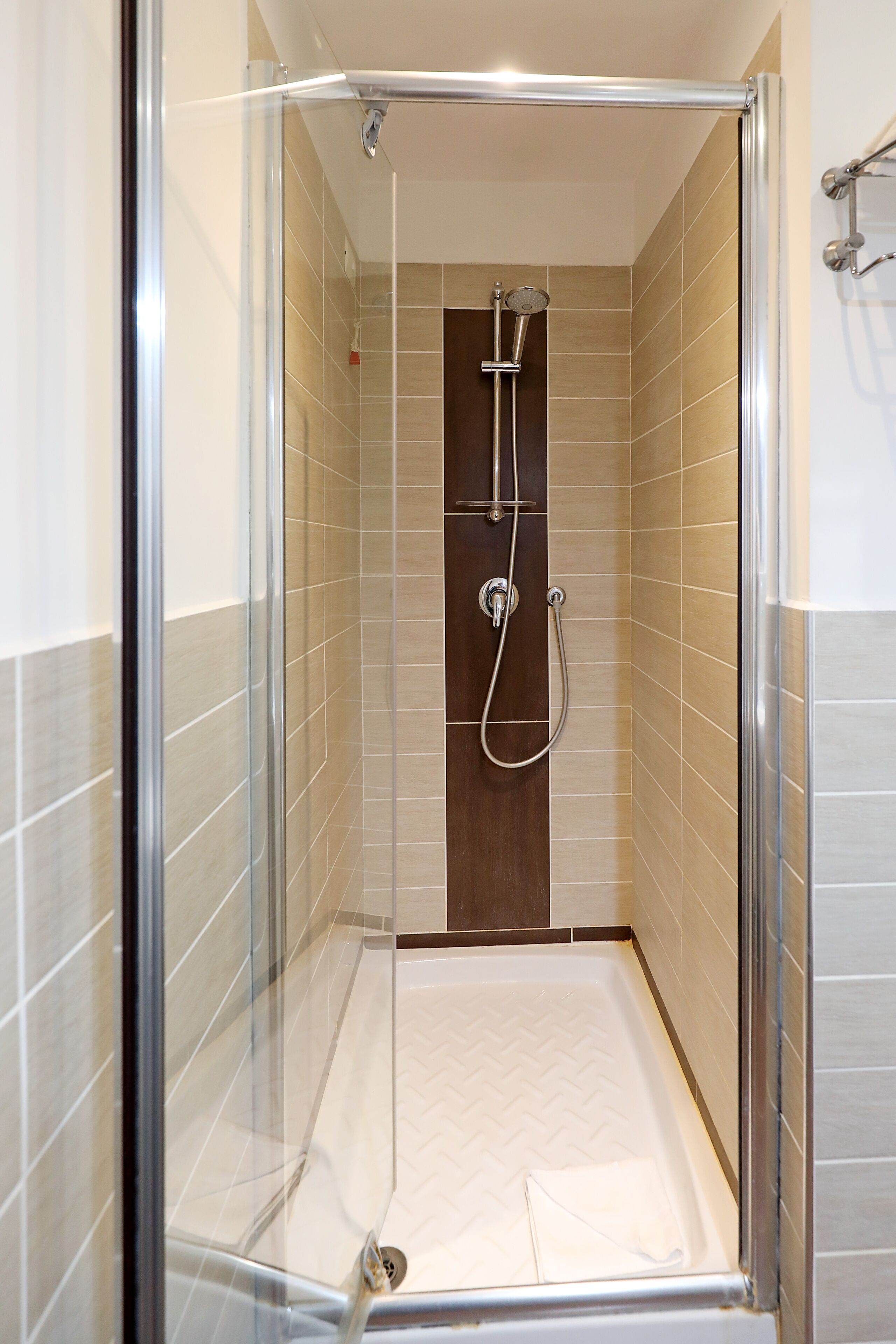 A glass-enclosed shower stall with a handheld showerhead and a wall-mounted faucet.