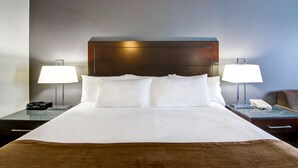 A hotel room with a large bed, two bedside tables with lamps, a wooden headboard, and a brown throw blanket.