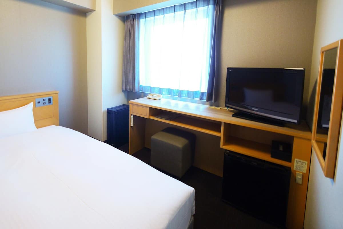 A hotel room with a bed, a desk with a television, a chair, and a small trash bin.