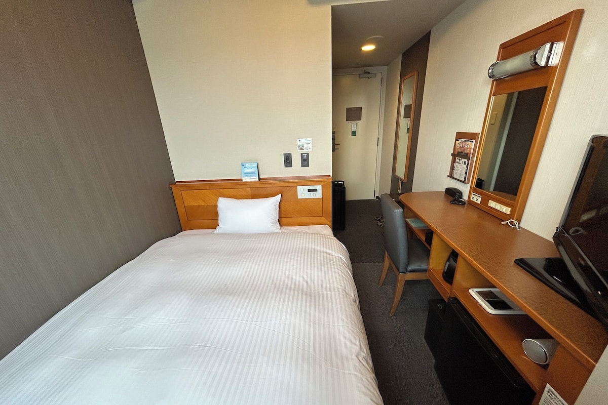 A hotel room with a bed, a desk, a chair, a TV, and a mirror.