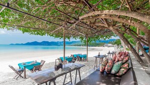 Un restaurante frente a la playa con terraza, mesas y sillas bajo una cubierta de árboles.