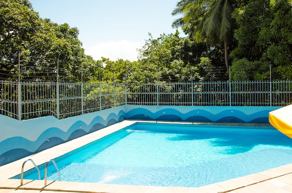 Outdoor pool, pool umbrellas, pool loungers