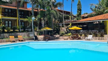 Outdoor pool, pool umbrellas, pool loungers