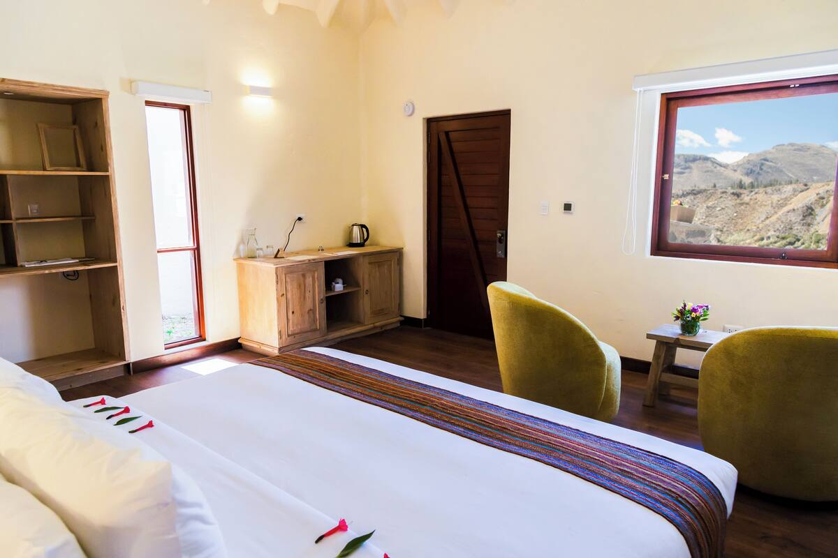 A hotel room with a bed, a desk, a chair, a wardrobe, and a window with a mountain view.